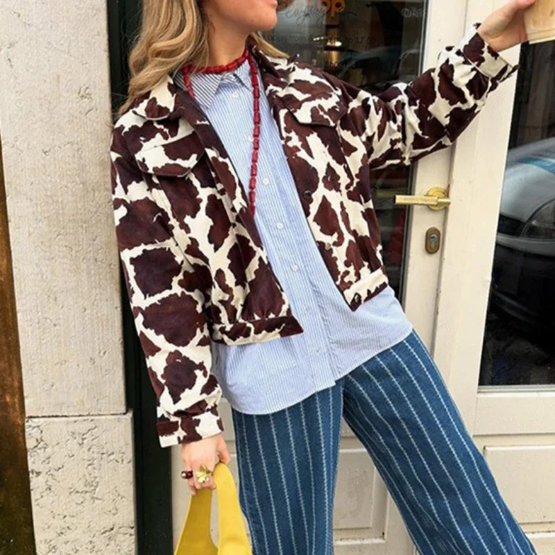 

Fashion Lapel Versatile Casual Loose Long-sleeved Printed Short Jacket 2025 Spring New European and American Women's Clothing