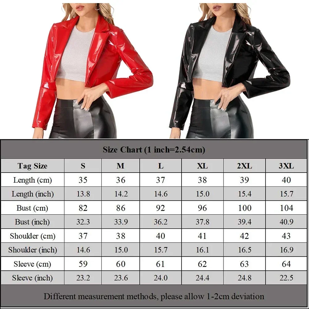 سترة نسائية طويلة الأكمام لامعة ، جلد براق ، معطف قصير بطية صدر ، حفلة النادي