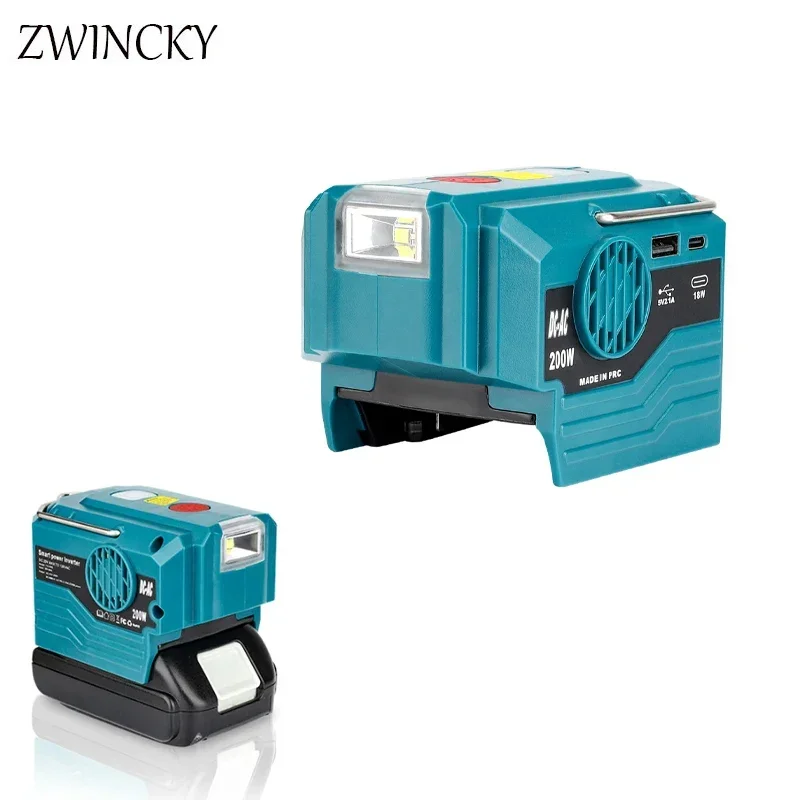 200W Portable Power Inverter 120V/220V Compatible For Makita 18V Lithium Battery with AC Outlet and USB Type-C 280LM LED Light