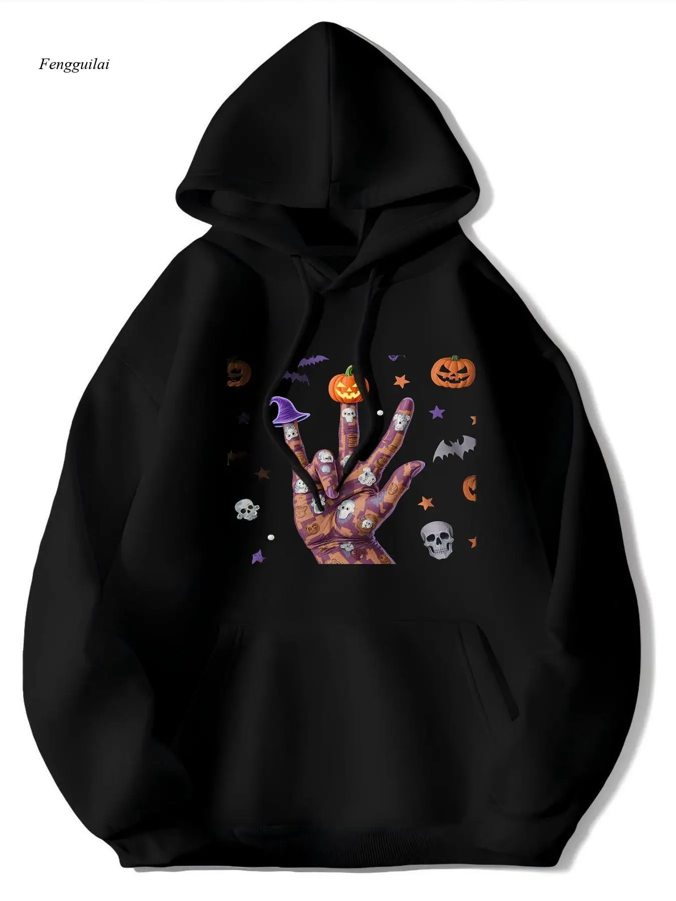 

Толстовка с рисунком «Жуткий» на Хэллоуин — черная толстовка на шнурке с несколькими пальцами руки, тыквы, шляпа ведьмы, черепа, летучие мыши, звезды