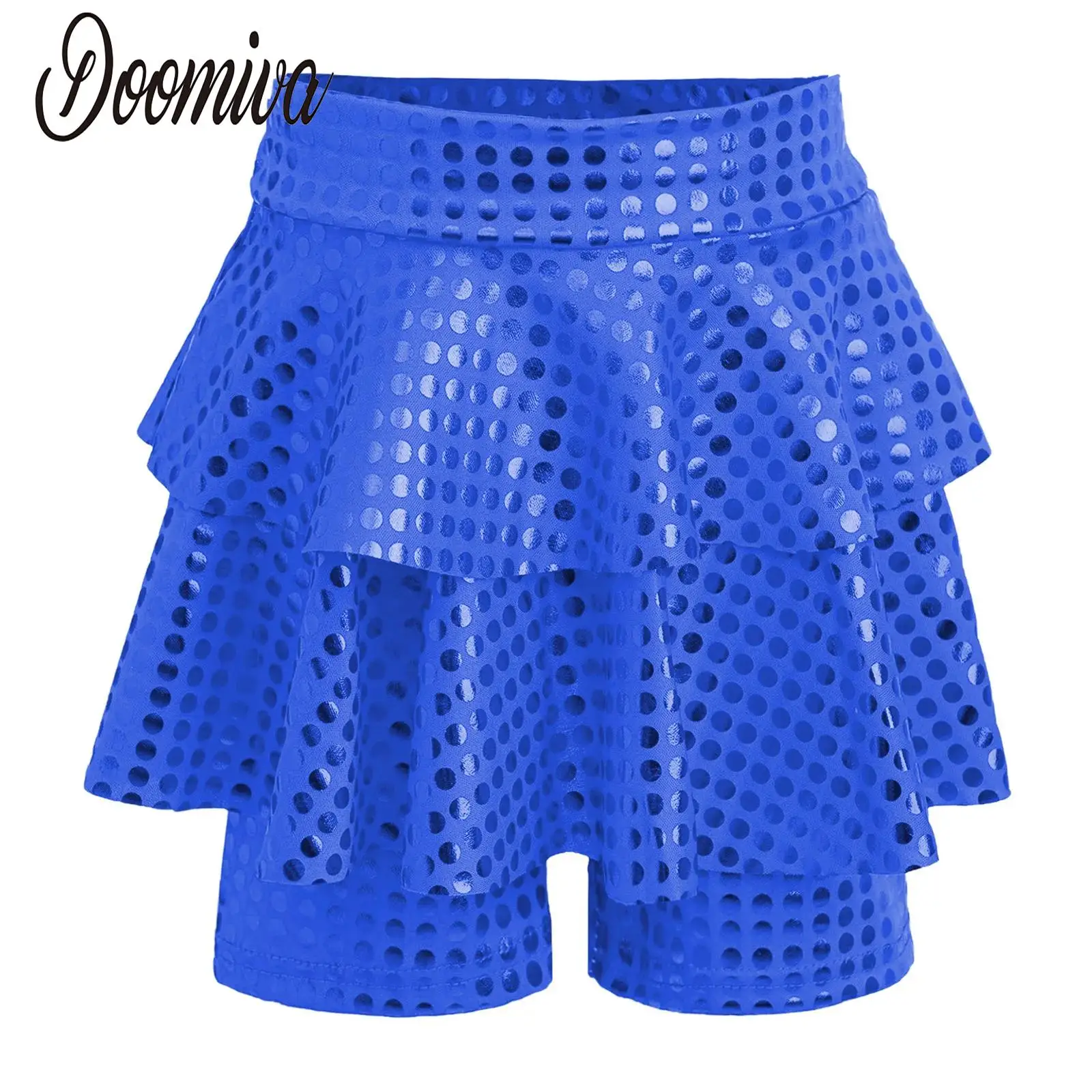 

Girls Shiny Metallic Dots Skirted Shorts Modern Skating Dancewear High Waist Elastic Waistband Culottes Jazz Dance Performance
