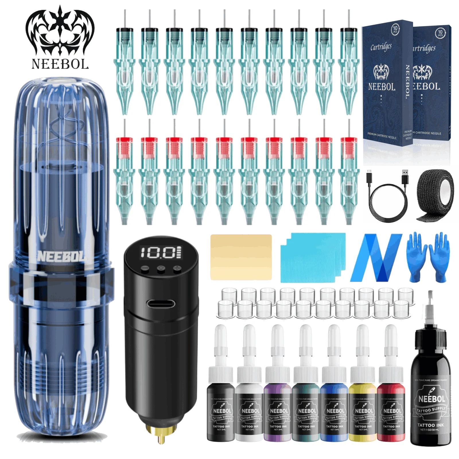 

Полный набор ручек для татуировки Neebol, перезаряжаемый роторный пистолет для татуировки, поставка оборудования для беспроводной ручки для татуировки, 7 чернил, 20 игл