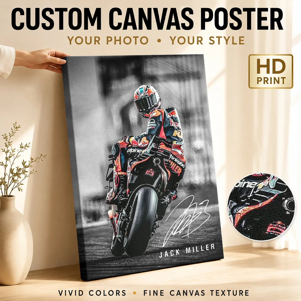 Jack Miller MotoGP Canvas Print Poster Dynamic Graphic Style Canvas Wall Art With Personalized Photo For Garage Ideal Rider Gift