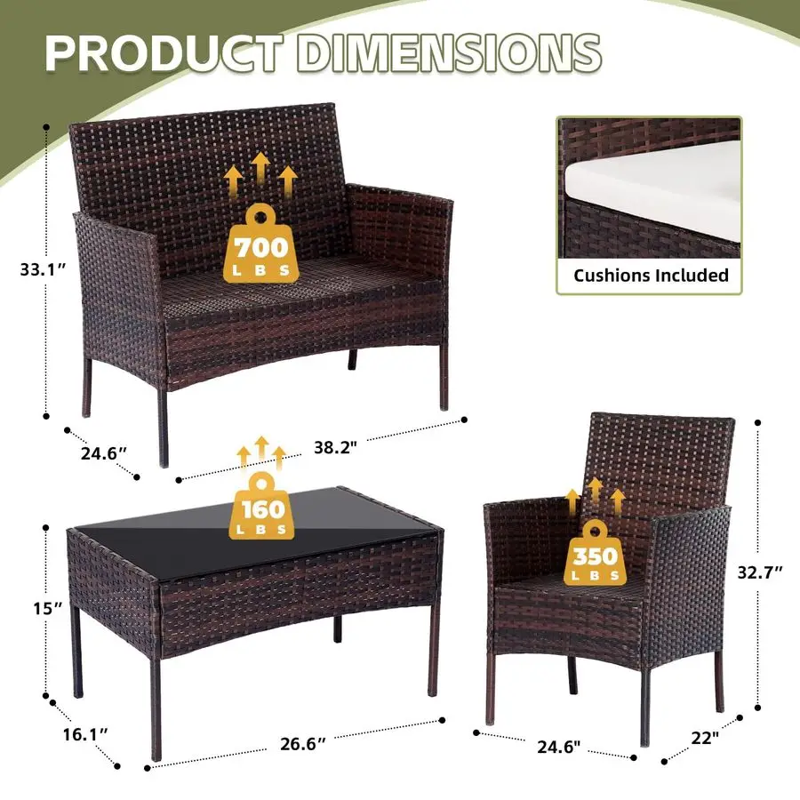 Furniture Set 4 Pieces, Outdoor Rattan Furniture with Tempered Glass Coffee Table, Modern Rattan Patio Chairs Conversation Sets