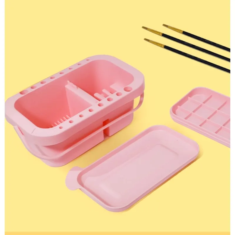 Multi-Use Paint Brush Basin with Brushes Holder,Washer,Trays,Palette Box-Artist Cleaner Cup for Watercolor Oil Painting with Lid