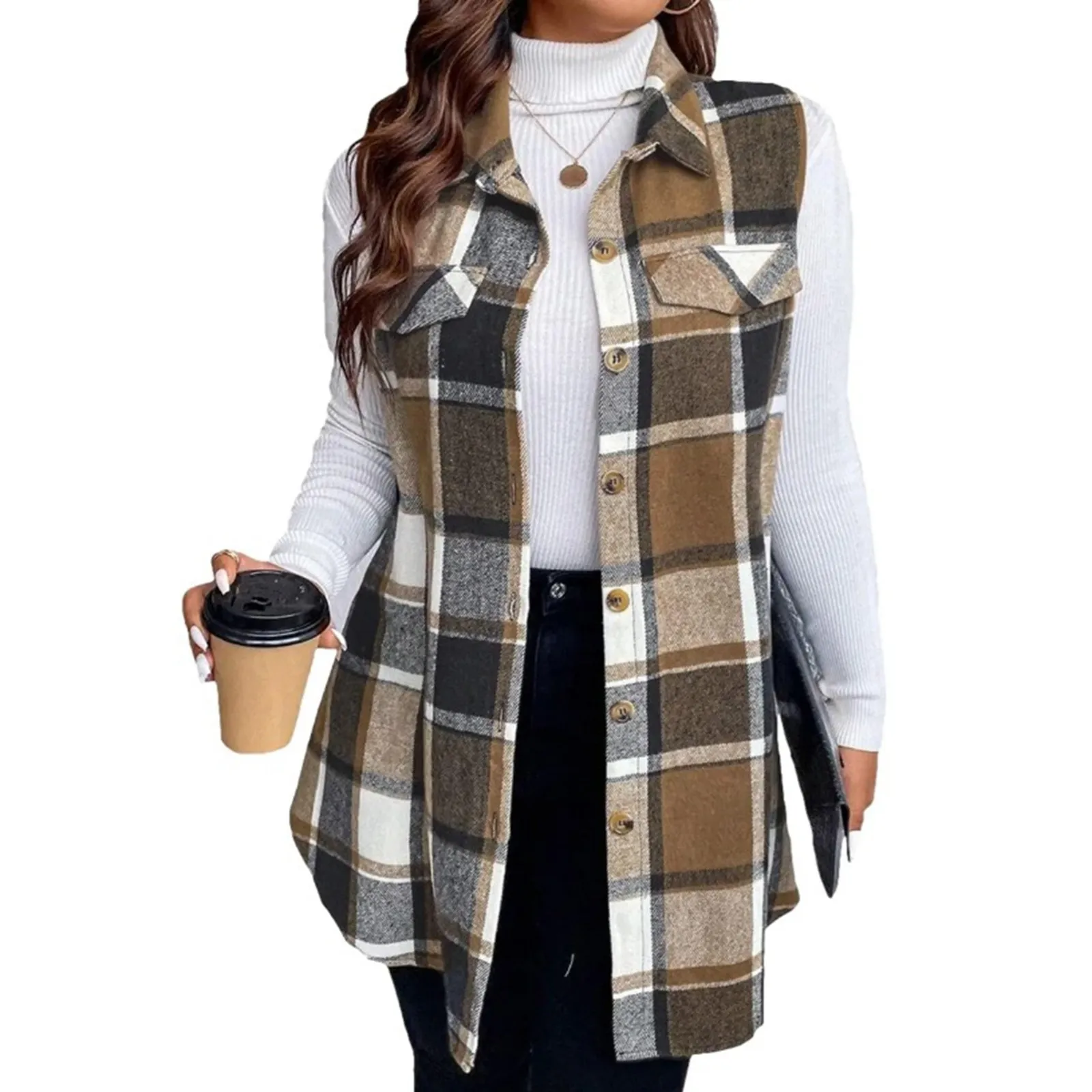 Women Plaid Vest Jacket Lapel Collar Sleeveless Shacket Jacket With Pockets Casual Autumn Winter Outwear Coats