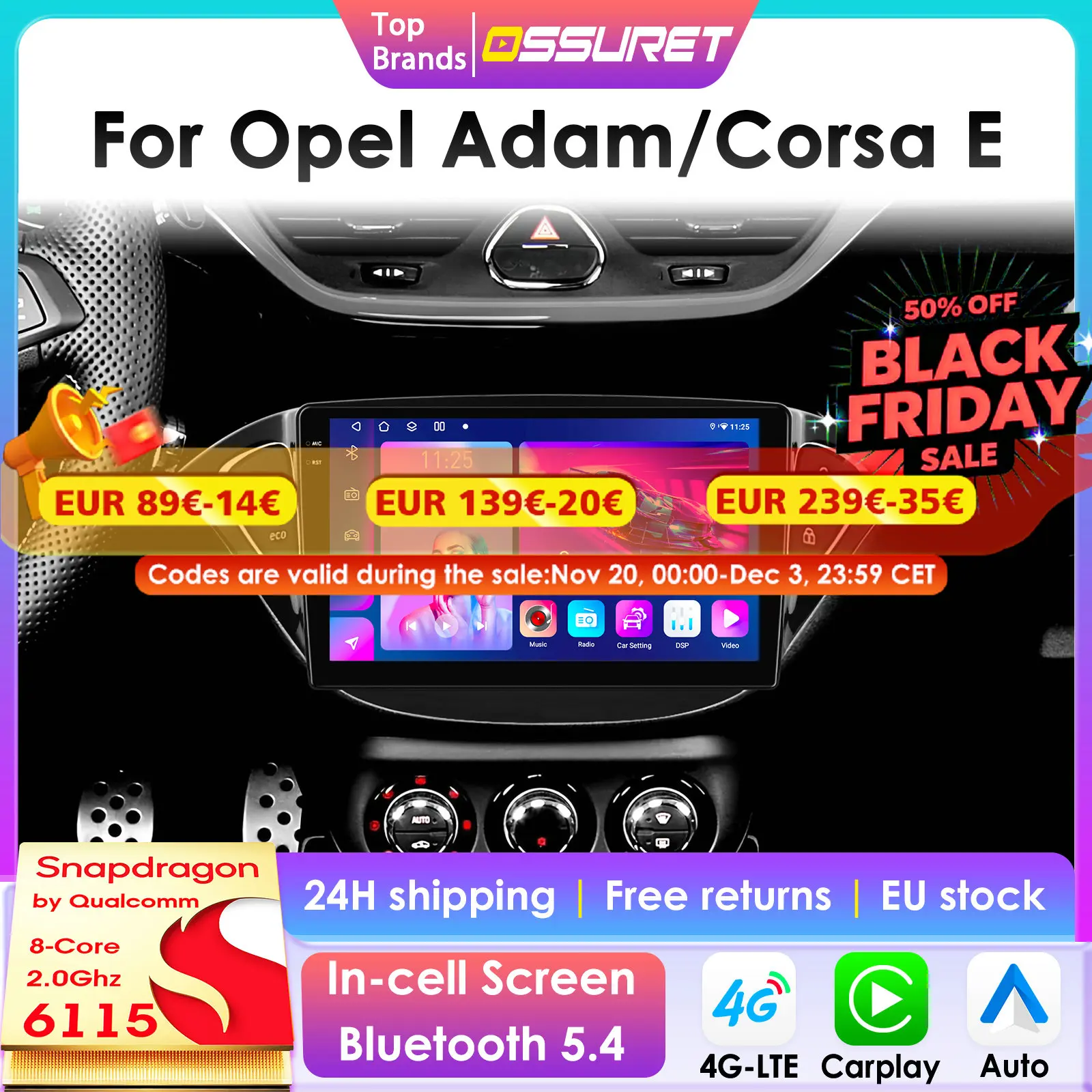 ossuret carplay android 12 autoradio für opel adam 2011-2015 opel corsa e 2013-2016 auto multimedia player 2din autoradio 4g-let