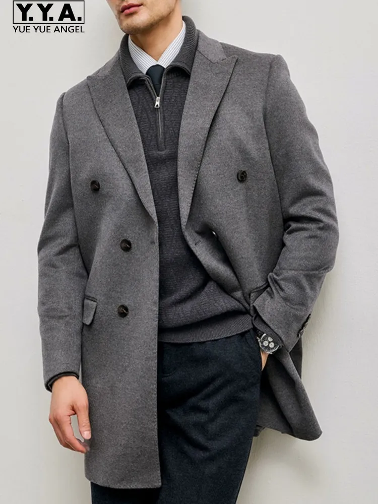 Leisure Mens Turn-Down Collar Double Breasted Trench Coat Solid Color Business Man Casual Long Sleeves Pockets Long Coat