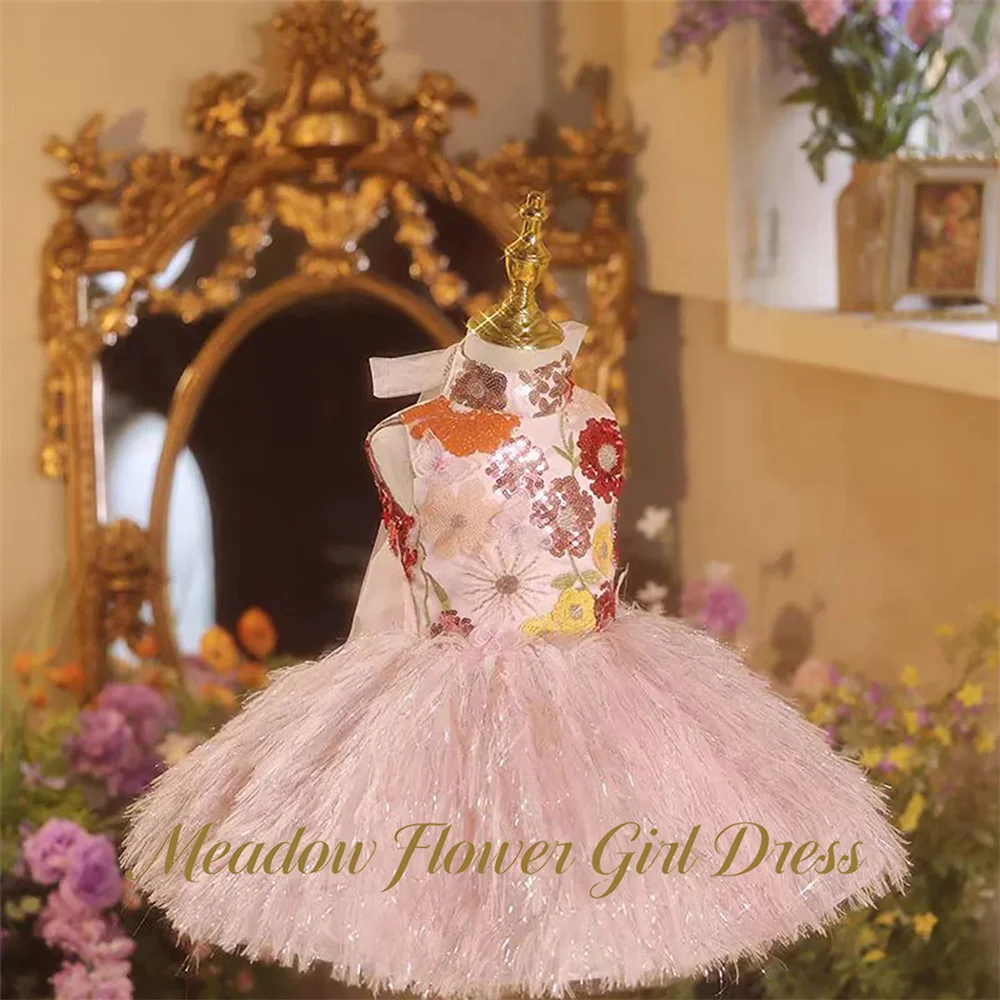Meadow Pink First Communion Gown High Neck Sleeveless Children Birthday Party Dresses with Bow Evening Party Dresses for Girls