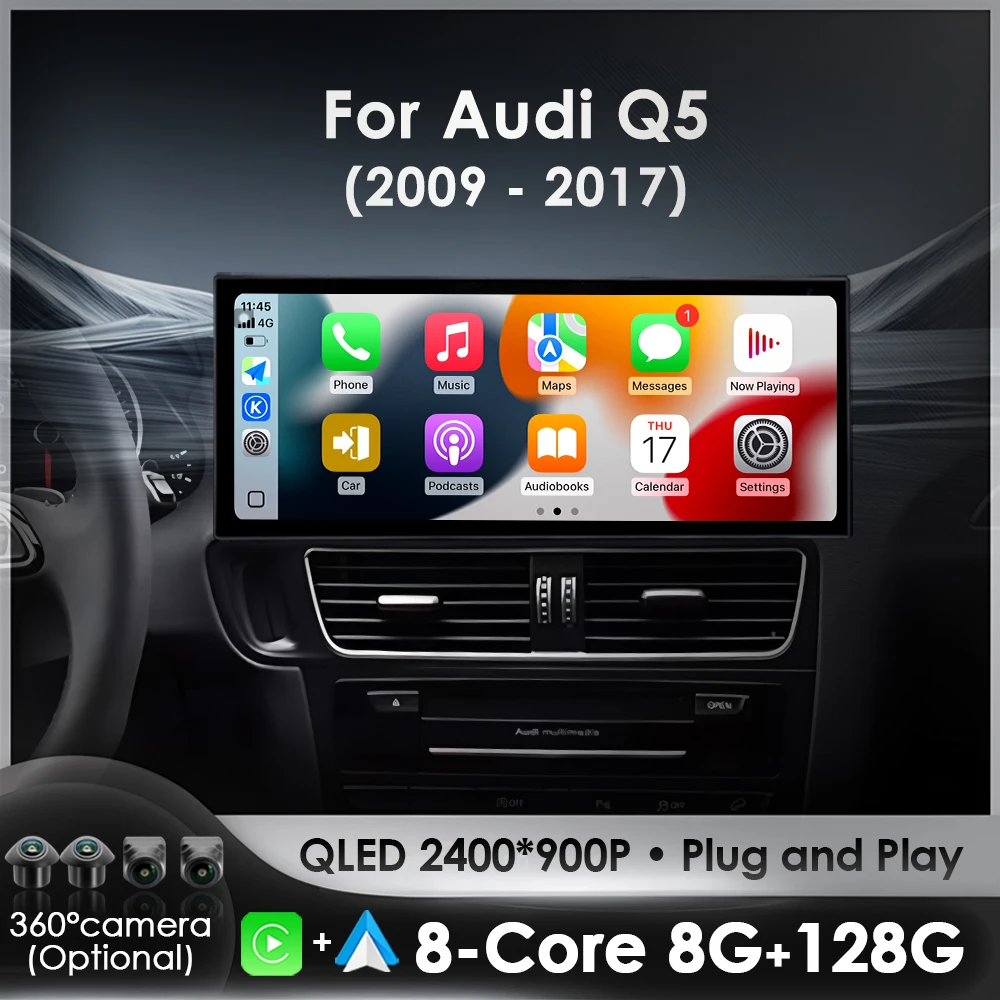 Image of Android16 Für Audi Q5 2009-2017 Kabelloses CarPlay Auto-Multimedia-Stereo GPS-Navigation Radio-Player 4G WLAN Bluetooth QLED Touchscreen