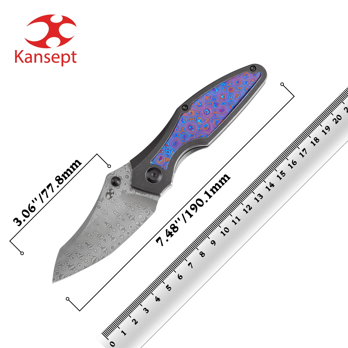 

Kansept Baba Yaga K1074A8 Damascus with Blackwash Titanium + Timascus Inlay + Timascus Clip Thumb Stud Folding Knife for EDC