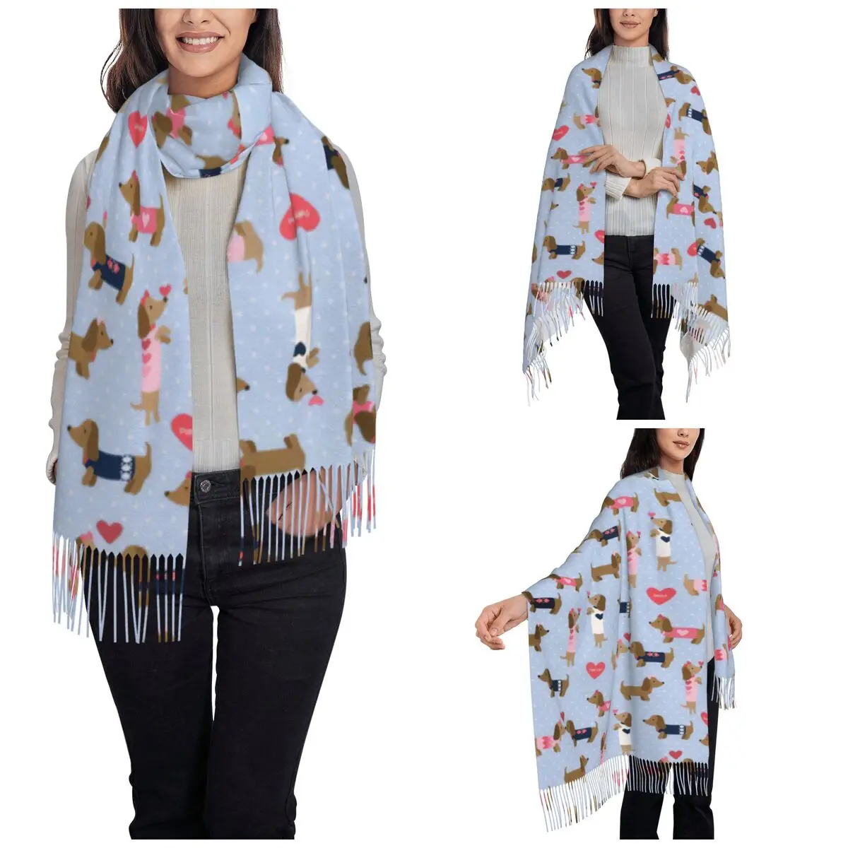 Womens Scarf with Tassel Dog Puppy Love Long Winter Fall Shawl and Wrap Animal Cartoon Reversible Pashmina Scarves