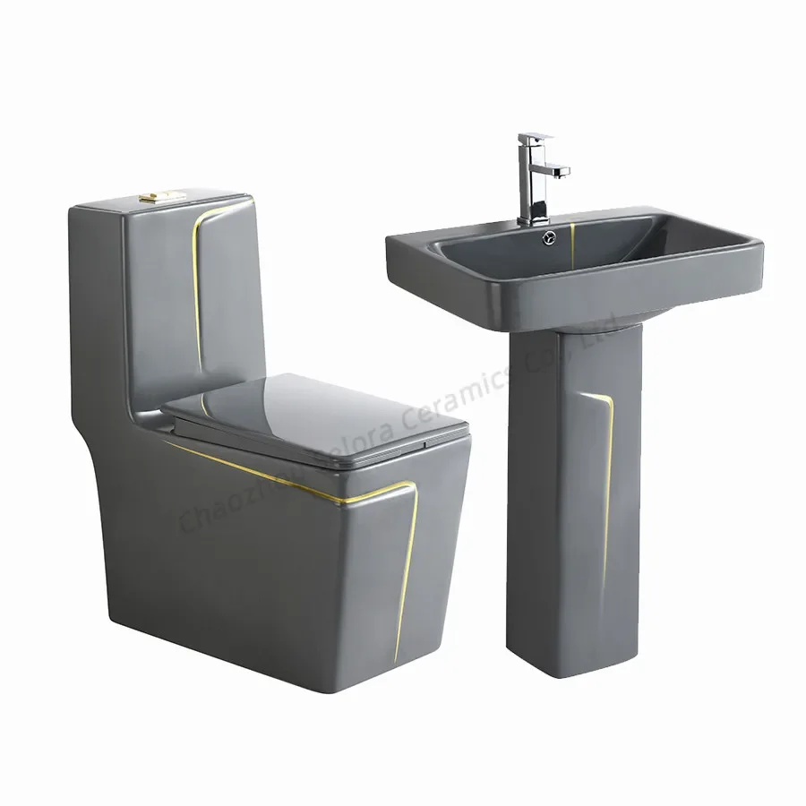 

Modern bathroom grey square sanitary ware suite wc one piece ceramic commode basin toilet bowl toilet set with pedestal sink