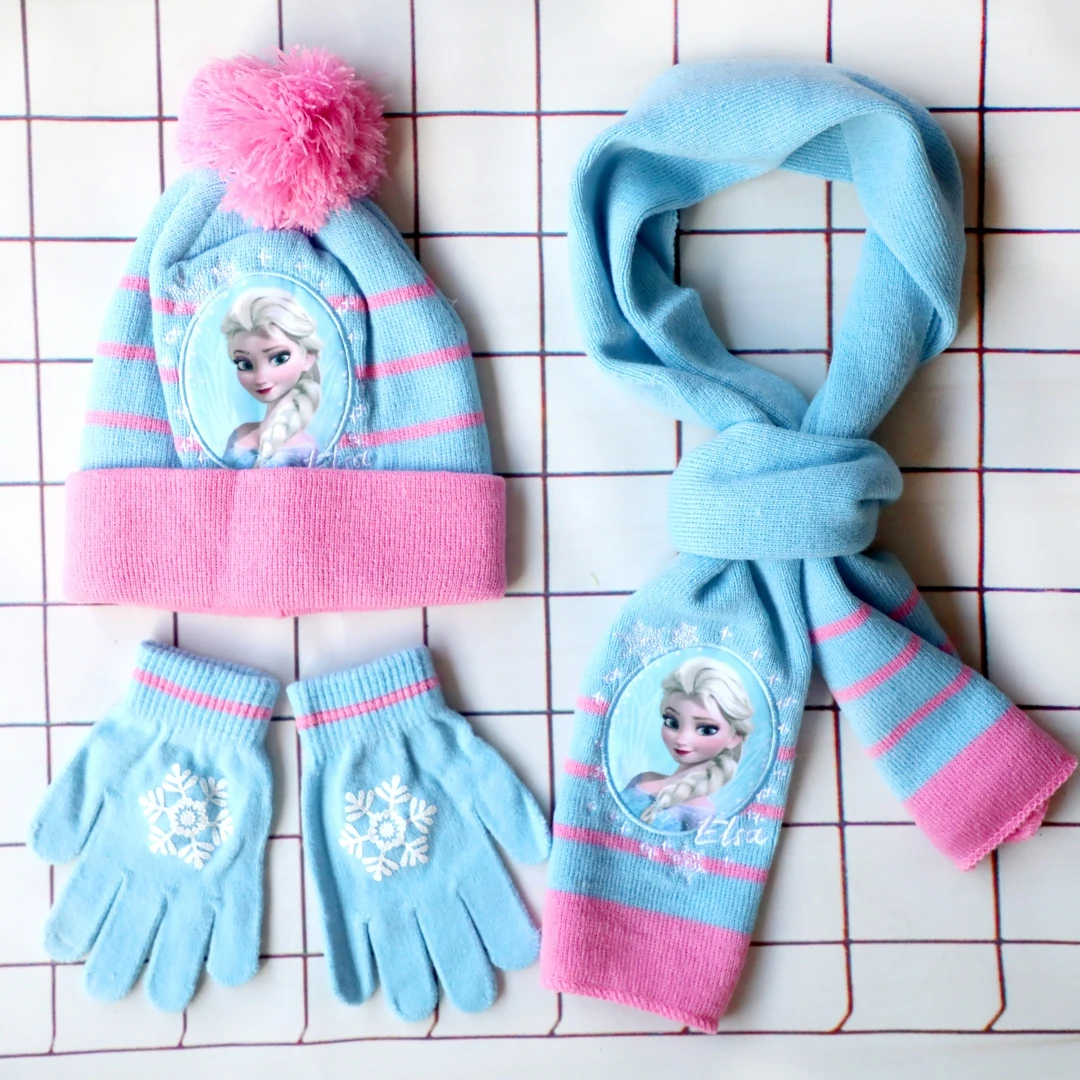 

3pcs/set 4-8Years children's hat Elsa princess Cartoon hat scarf gloves hat knitted sets girl cap keep warm girls headgear