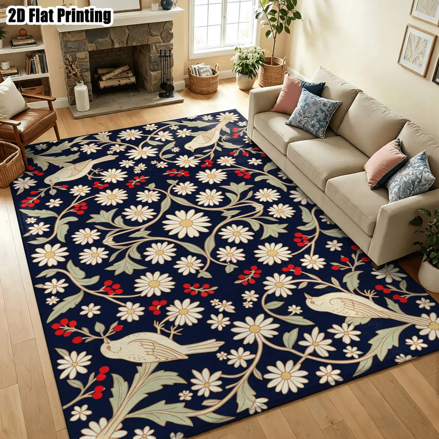 1Pc 2D Printed Retro/Instagram-Style Navy Floral Bird Carpet, Machine Washable, Multi-Size Home Decor for Entryway, Dining Room, Bedroom, Study, Living Room