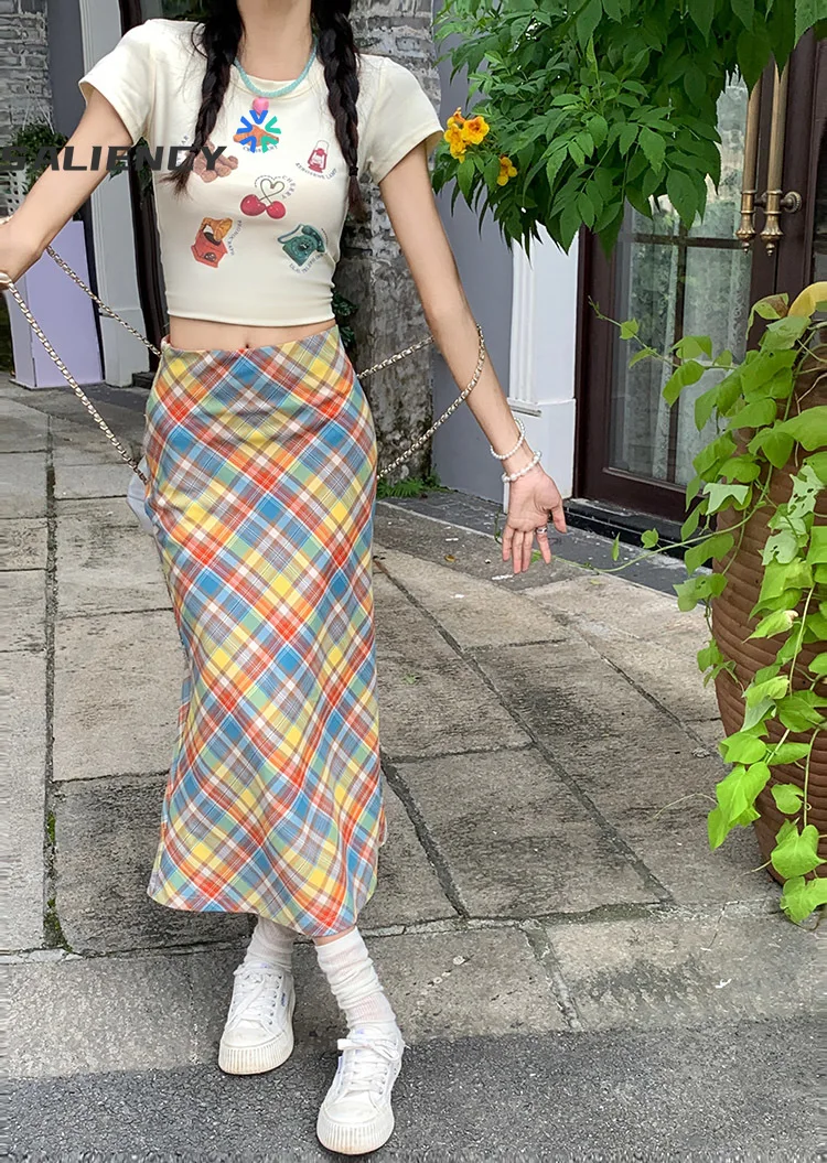 Korean Style Girls Y2K Lovely Printed Short Sleeve T-Shirt Trend Tops Summer Midi Skirt Dopamine Colorful Clothing Two Piece Set