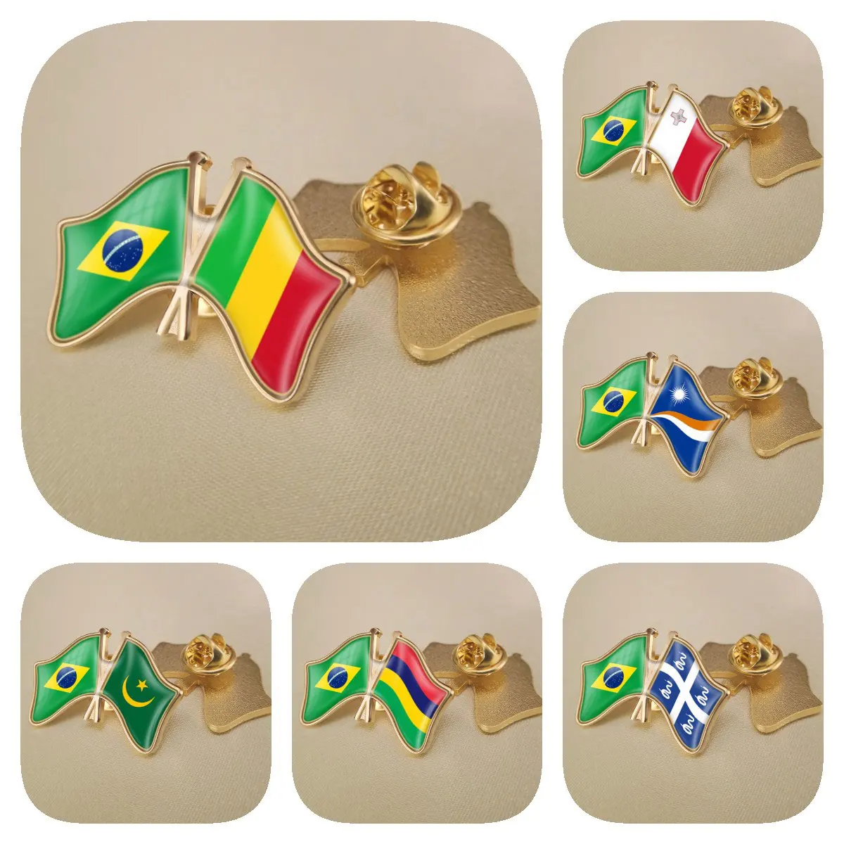 Brazil and Mali Malta Marshall Islands Martinique Mauritania Mauritius Double Crossed Friendship Flags Brooch Lapel Pins Bradges