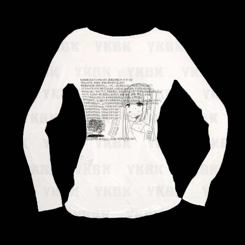 جرافيك هاراجوكو طباعة رسالة أنيمي كم طويل المرأة تي شيرت 90s الملابس خمر النساء الإناث Trashy Y2k 2000s بلايز القوطية