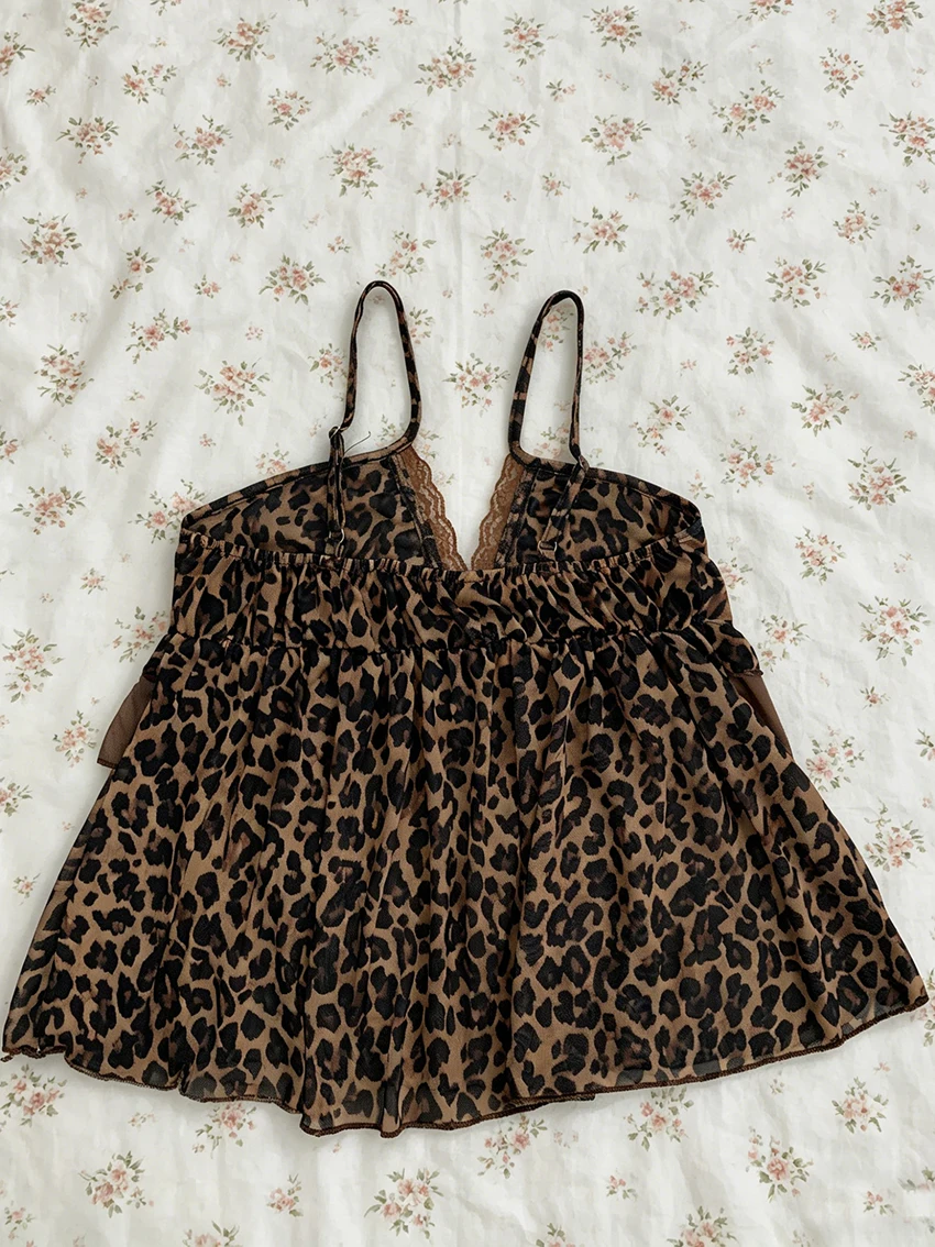 Modische Sexy Schlanke Pure Desire Damen-Weste Y2K Amerikanischer Retro-Leopardenprint Trägerhemd mit V-Ausschnitt und Doppellagiger Rüschenkante – Detail 16