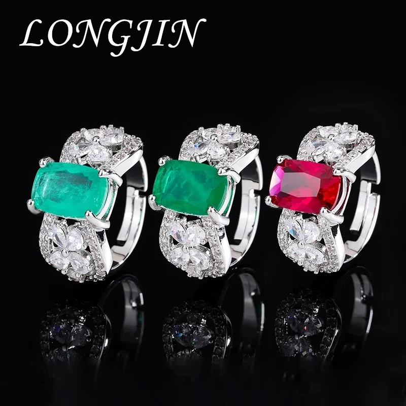 Fashion Square Paraiba Crystal Adjustable Ring Flower Luxury Quality Jewelry Nail Charms Bride Couple Decoration Brand Accessory