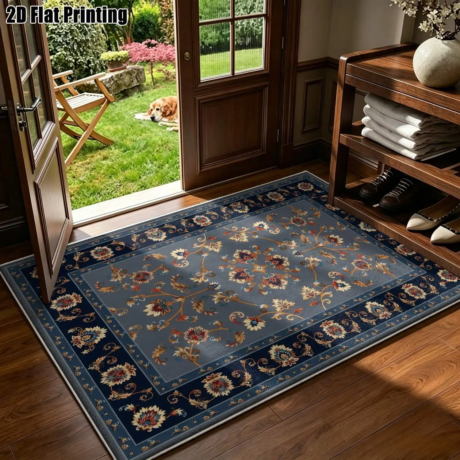 1Pc 2D Printed Carpet: Blue-Grey Floral Vine Patterns, Multi-Style, Multi-Size, Machine Washable, for Home Decor, Multi-Scene Use