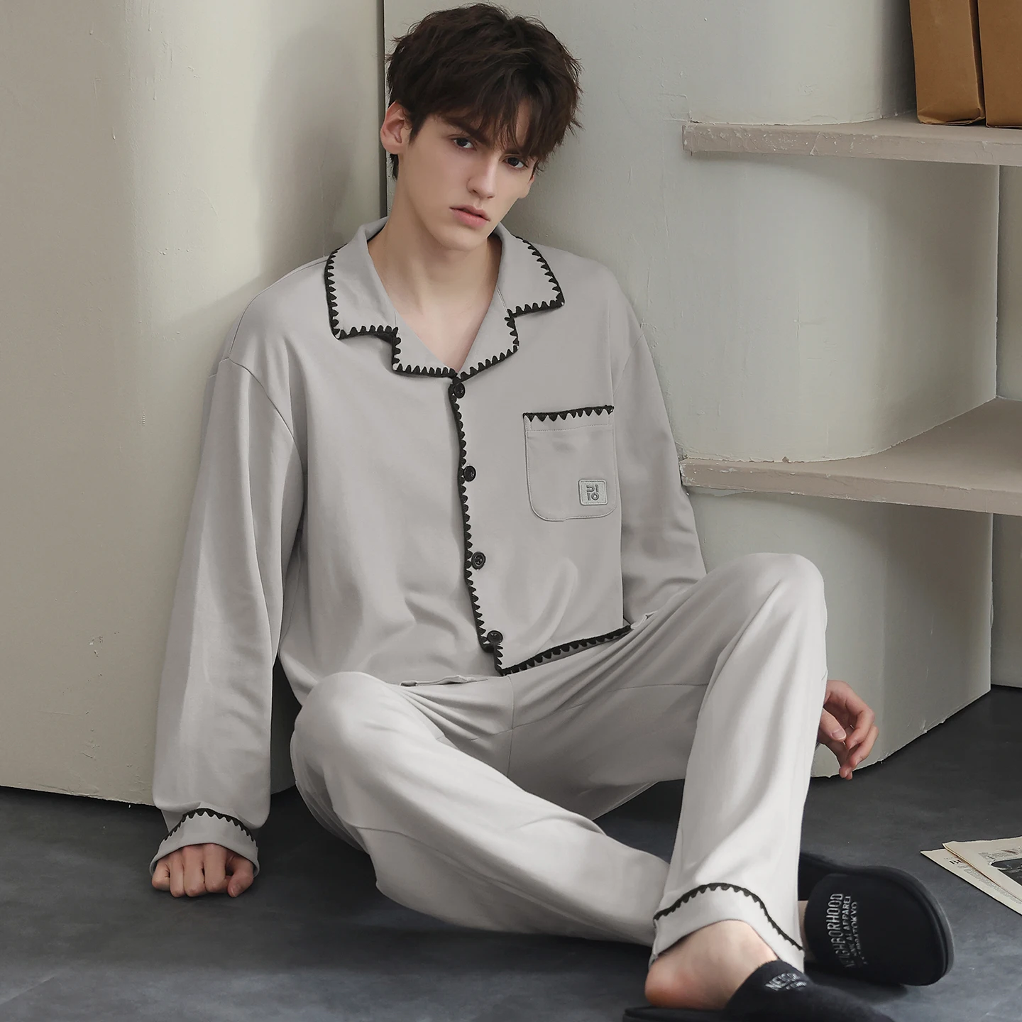 4XL-7XL Men Casual Tracksuit Pajamas Set 100%Cotton Male Spring Autumn Pyjama Loose Men Home Set Sleepwear Tops+Pants 2PCS/Set