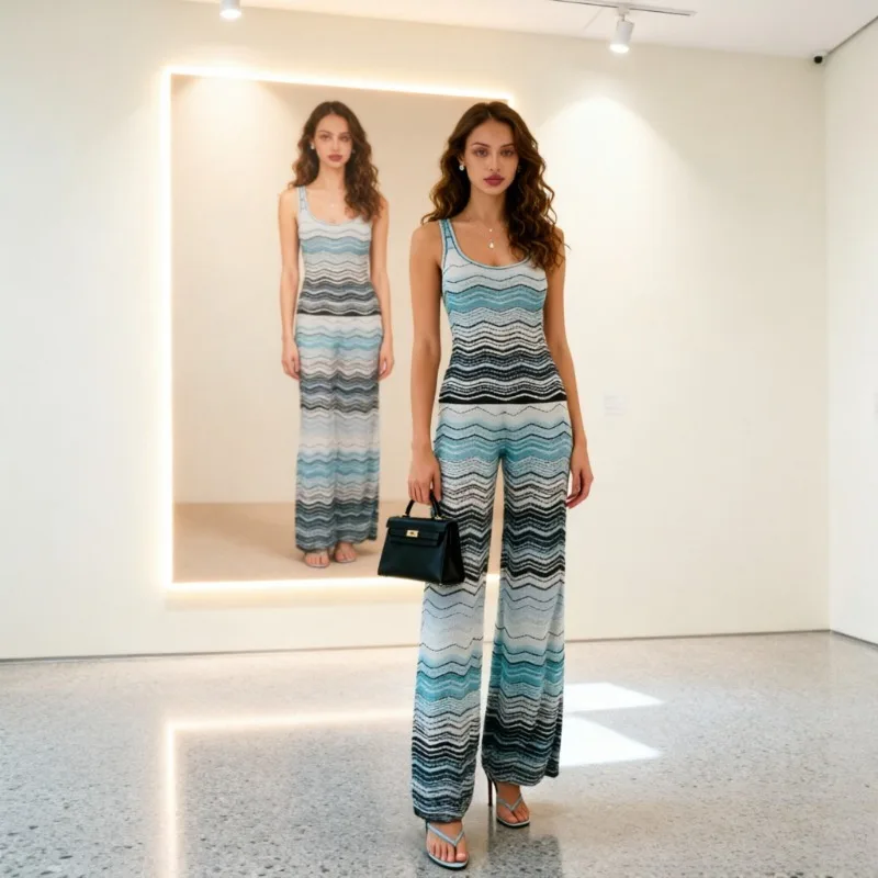Color Block Striped Pants Set for Women Fashion 2026 Summer New Casual Vest Top + Straight Pants 2-Piece Bohemian Style Clothing