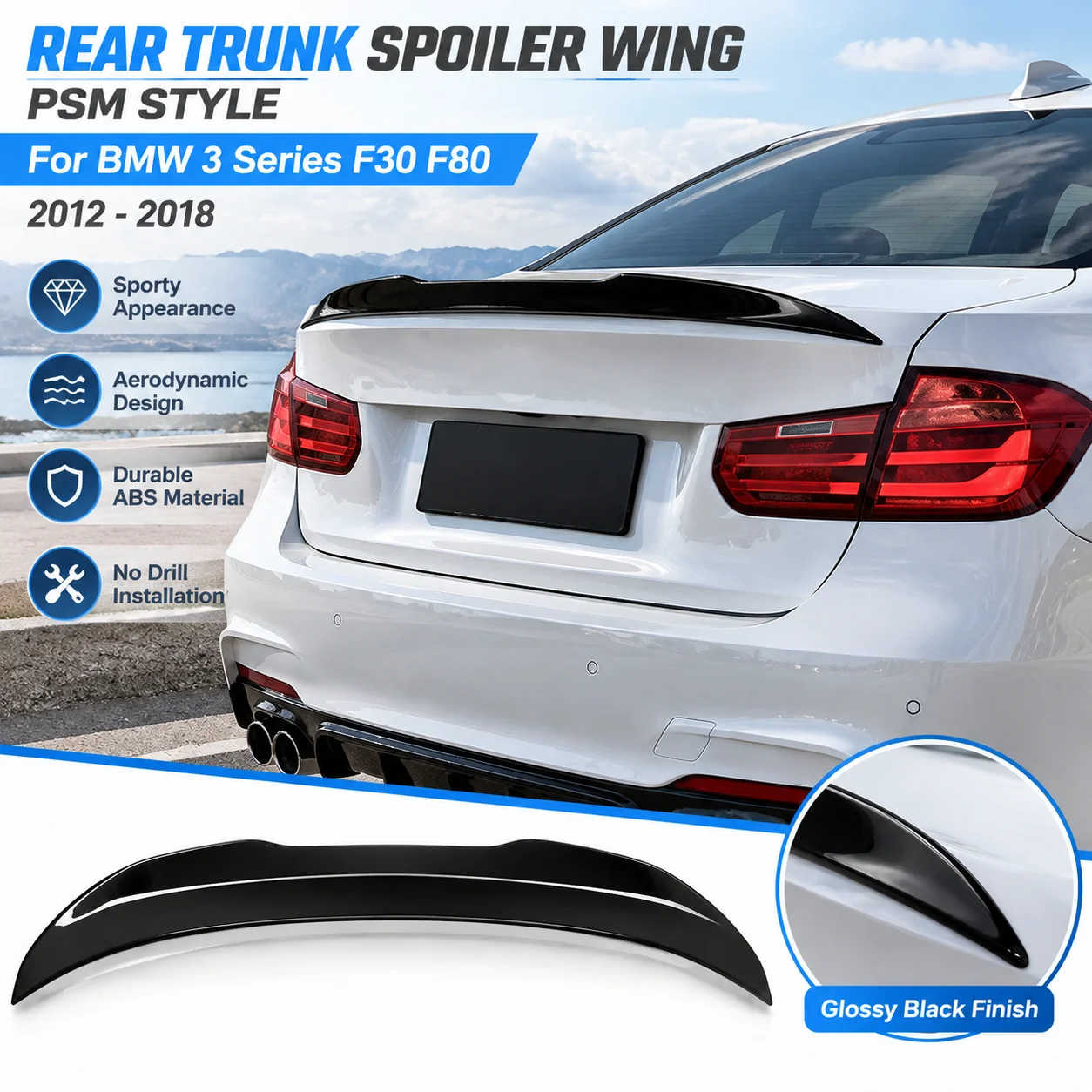 Rear Trunk Spoiler Wing PSM Style For BMW F30 F80 3 Series 335i 328i M3 2012-2018 No Drill Boot Lid Tuning Accessories ABS Glossy Black