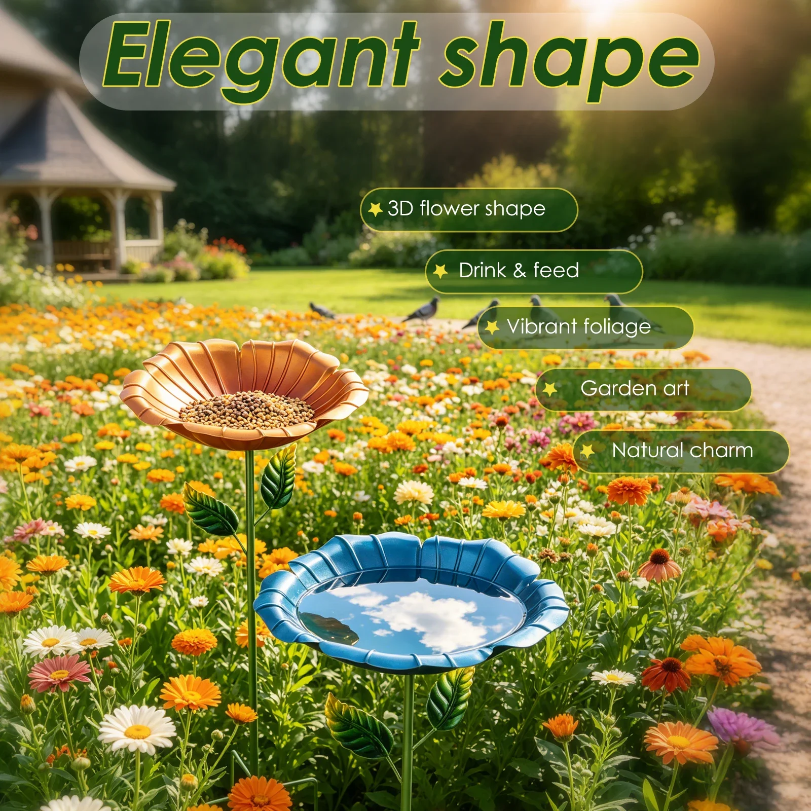 2Pcs Metal Bird Bath Feeder Outdoor Garden Birds Drinking Bowl Standing Lawn Stake Decoration Birds Waterer Supplies