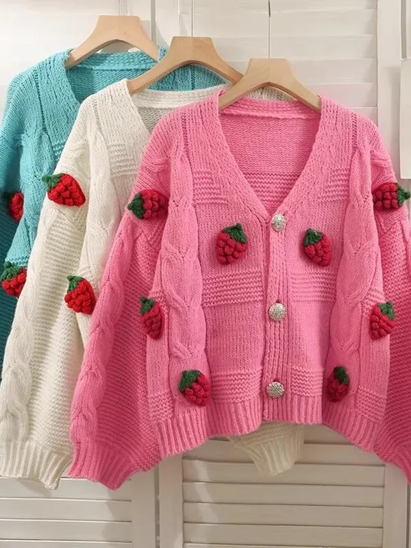 Sweet Style Loose Fit Long Sleeve V-Neck Knitted Cardigan Women's Spring Autumn New Korean Version Versatile Strawberry Patte...