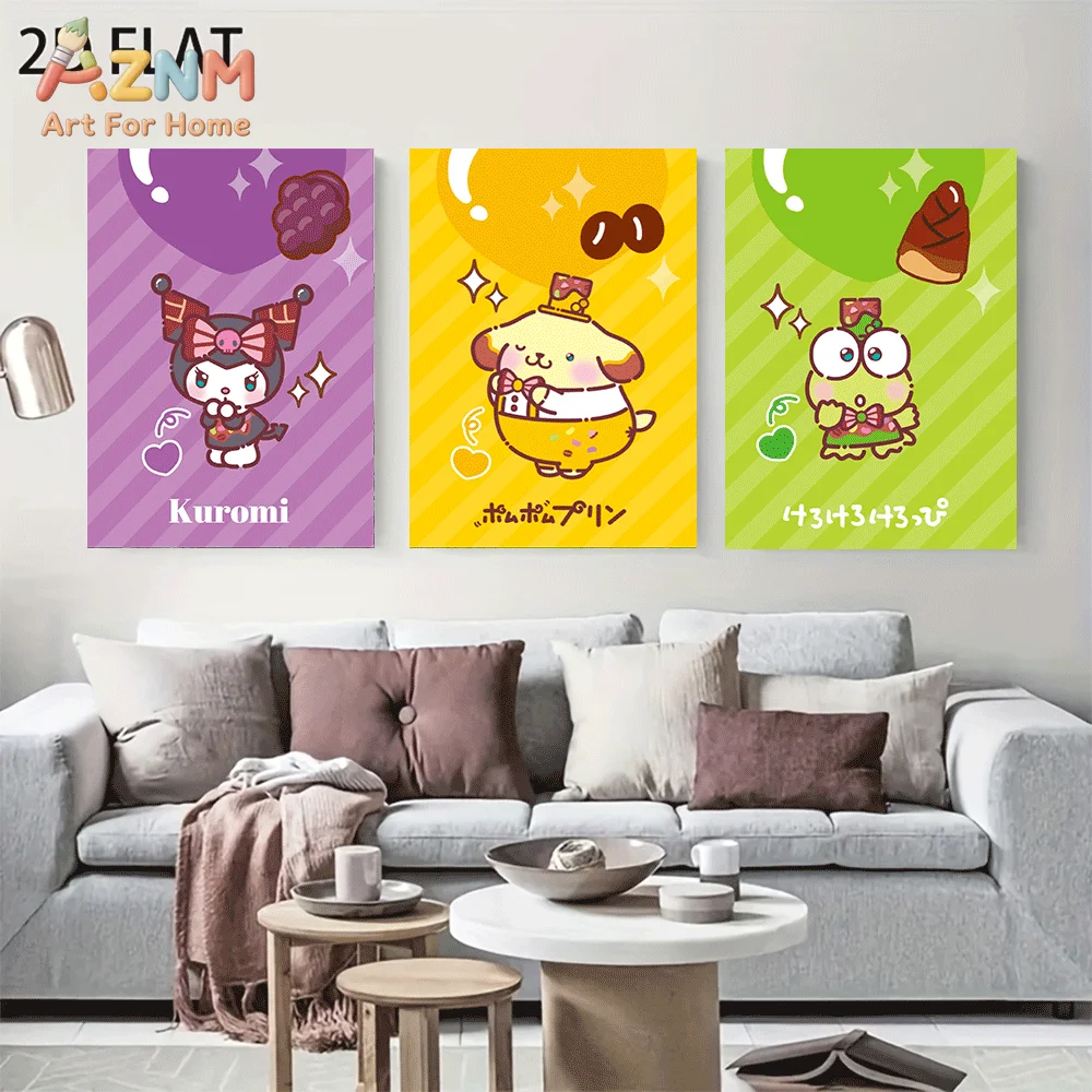 AZNM Sanrio Characters Canvas Wall Art Unframed Cute Cartoon Print Poster Kuromi Pompompurin Keroppi Stripe Background Fruit Bub