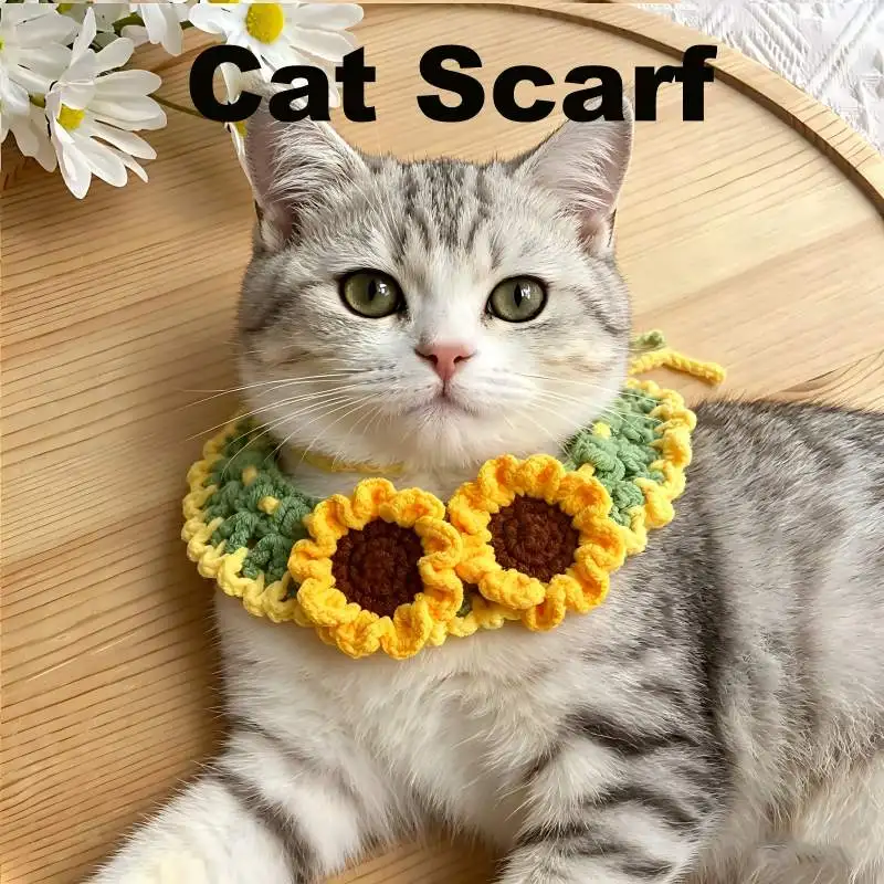 

Pure hand knitting Cat Dog Collar Sunflower Yellow Green Pet Drool Scarf Suitable for Pet Photography Cute Photo Accessories