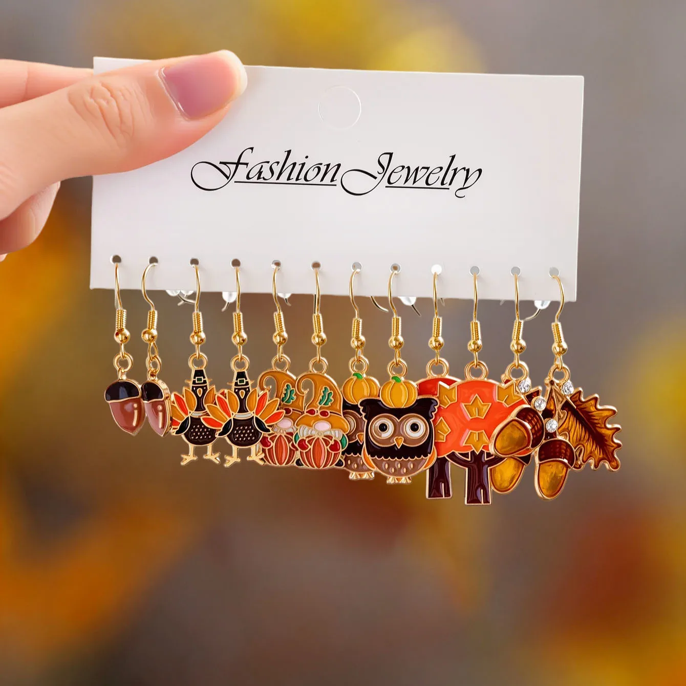 Crossborder New Thanksgiving Creative Cute Enamel Pumpkin Maple Leaf Squirrel Turkey Hazelnut Hedgehog Dangle Earring Set