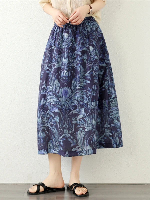 

Summer 2026 Large Size Cotton Linen Print Halter Neck Casual Elastic Waist Slim A-Line Skirt Women's Fashion Versatile Mid-Le...