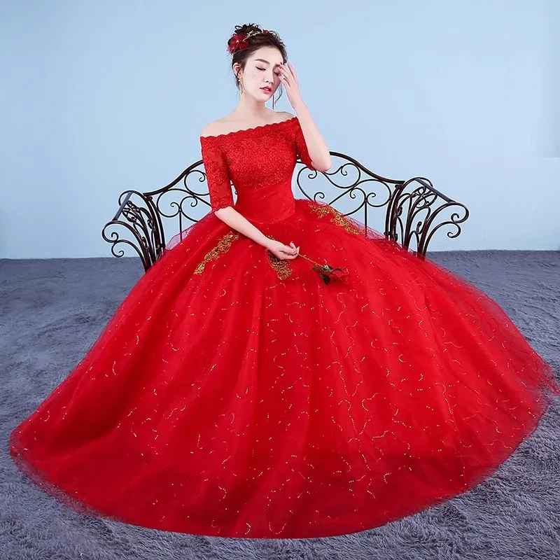 È yiya abito da sposa rosso semplice Appliques al largo della spalla mezza manica Bling principessa lunghezza del pavimento Plus size abito da ballo da sposa