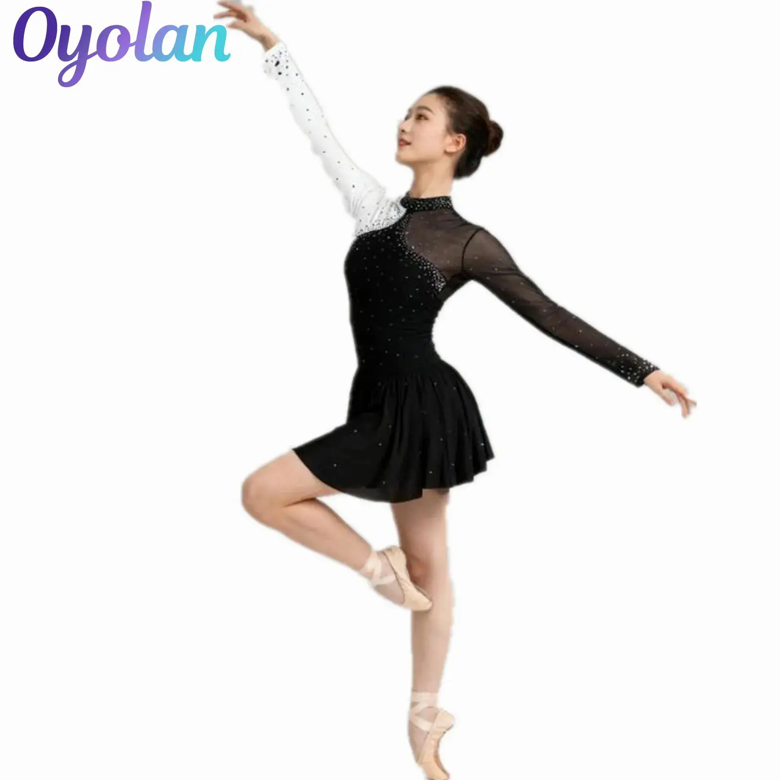 

Womens Sparkly Rhinestone Gymnastics Figure Skating ballet lyrical Dance leotards Dress Sheer Mesh Long Sleeve Mock Neck Dresses