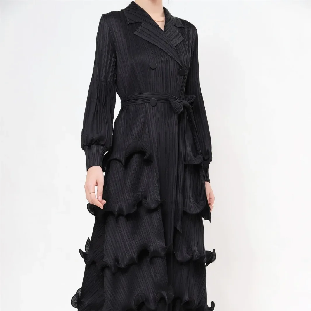 

Autumn Miyake Pleated Dress Amazon Vibe Commuter Pressed Lace-up Fungus Trim Suit Collar Long Skirt