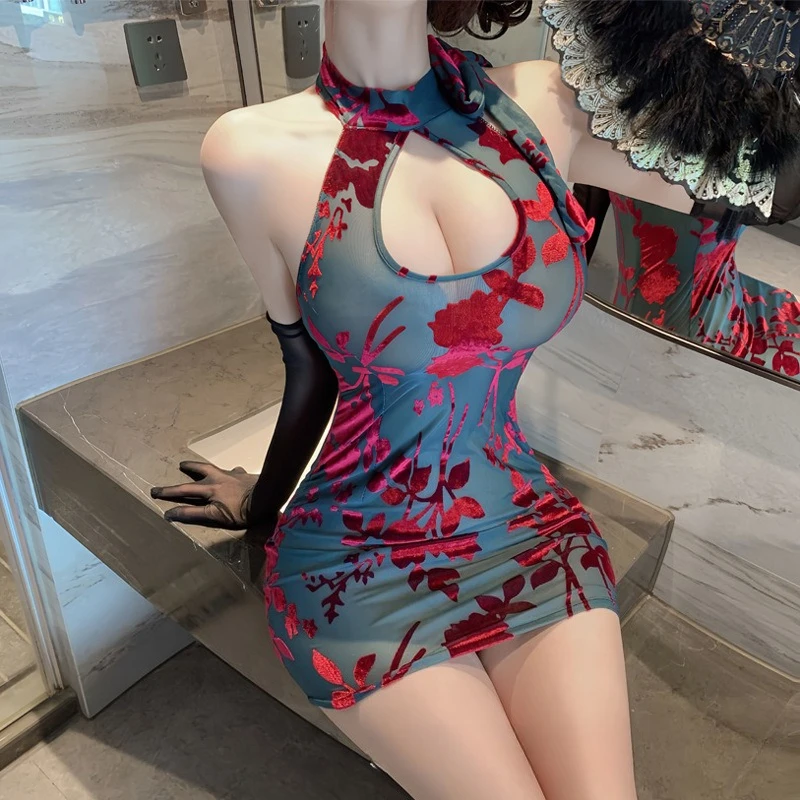 

Нижнее белье Ципао больших размеров, прозрачное облегающее мини-платье с цветочным принтом, элегантное ретро-китайское платье Cheongsam с открытой спиной и перчатками