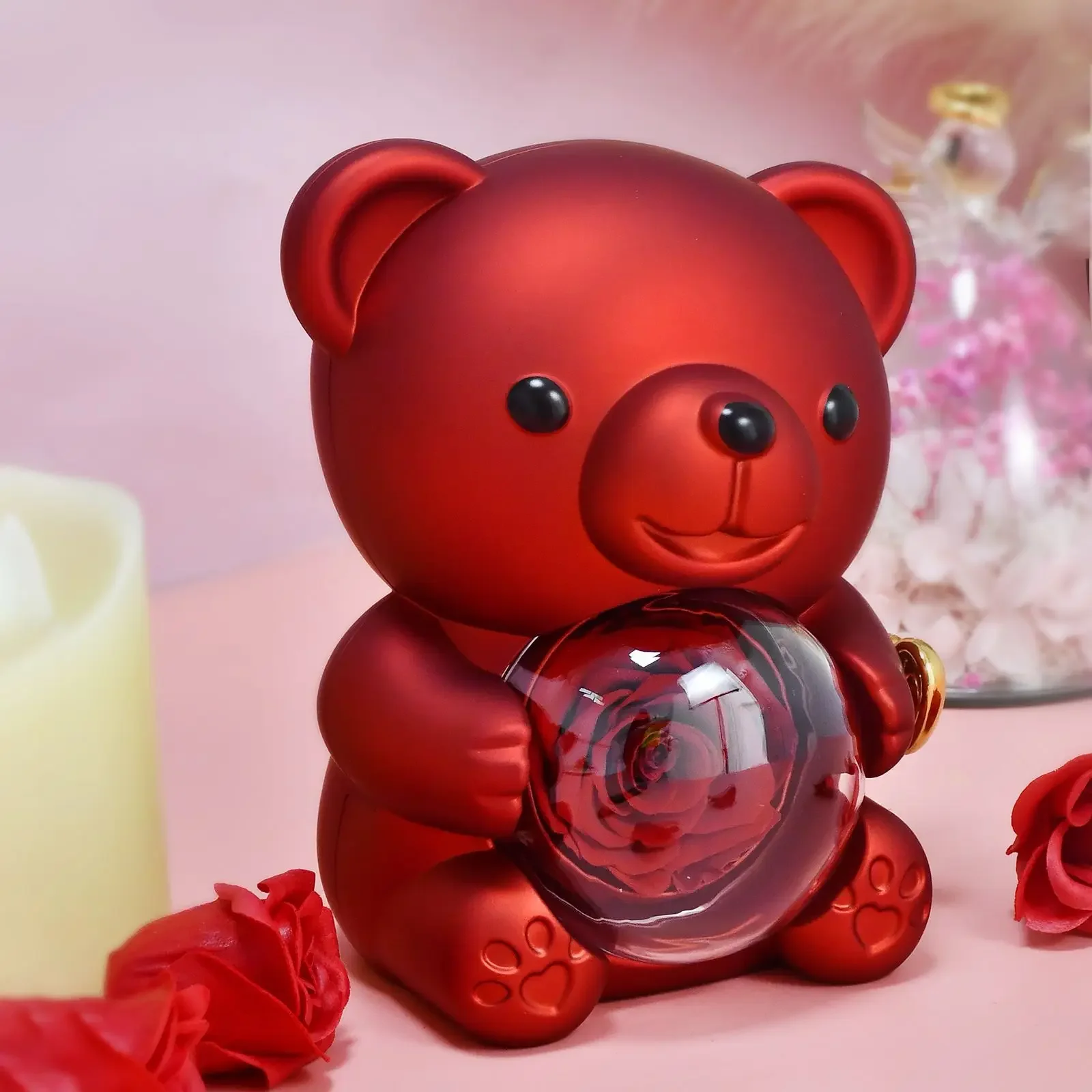 Hug Bear Rose Jewelry Box Rotating Eternal Flower Gift Box Valentine Gift Jewelry Necklace Gift