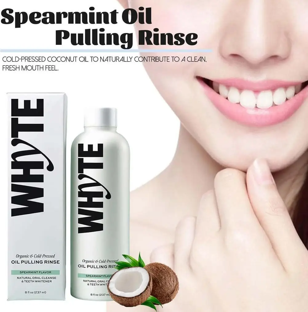 WHYTE Organic Cold Pressed Oil Pulling Rinse Spearmint Flavor Natural Teeth Whitening Mouth Oil for Gum Health Fresh Breath