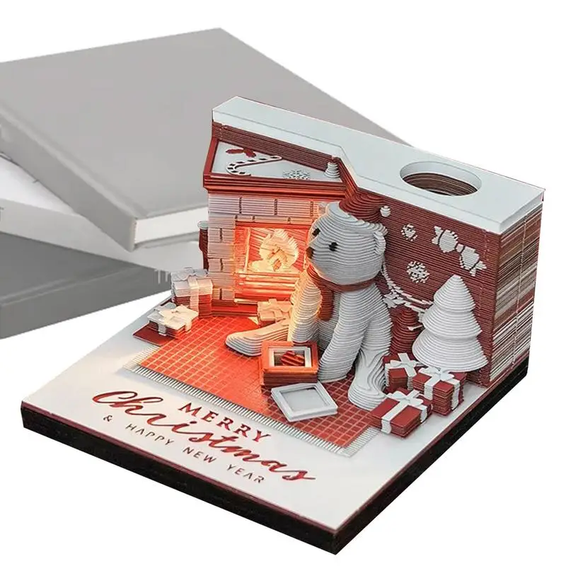 3D Desk Calendar 2025 Desk Calendar Tear Away Calendar Paper Carving Art with LED Lights Christmas Bear 2025 Calendar Time Piece