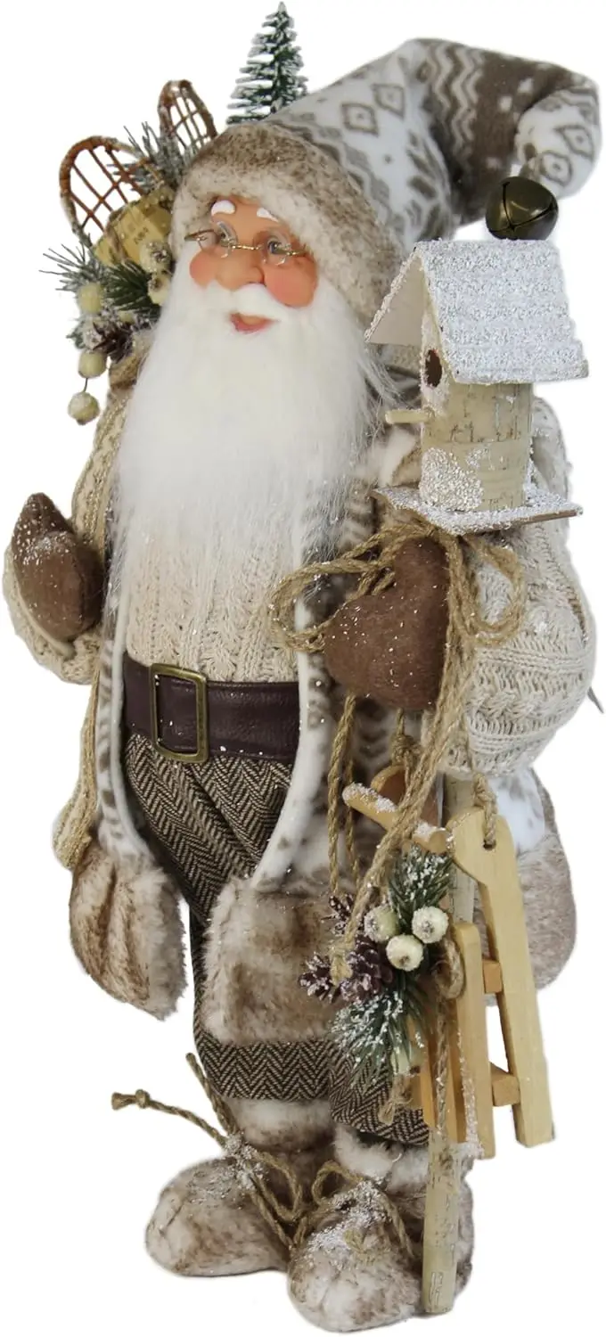 Estatuilla navideña de Papá Noel del bosque de 16 pulgadas con casita de pájaros y abrigo de copo de nieve para decoración navideña