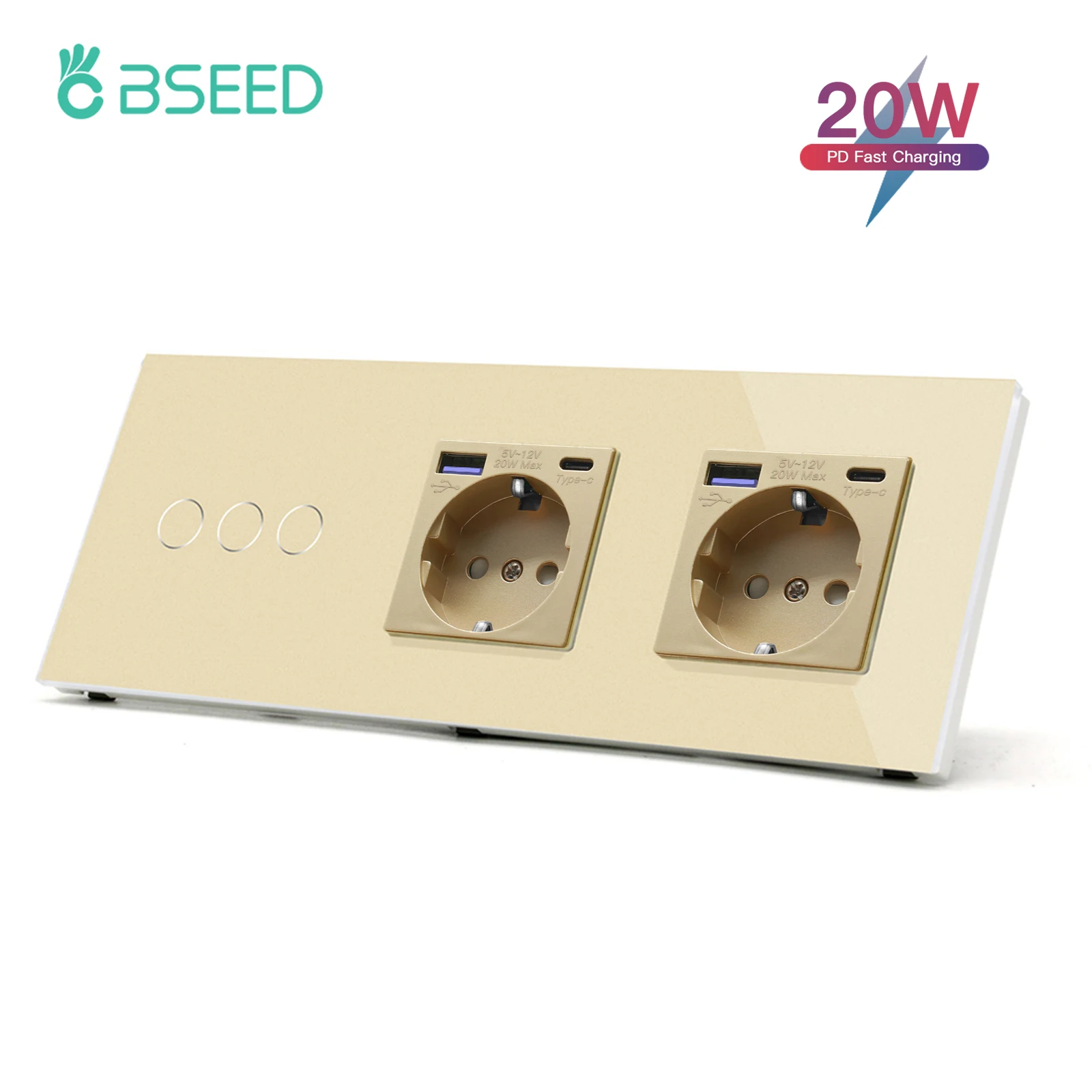 BSEED Touch Schalter 1/2/3Gang Mit Doppel EU Steckdosen Schnelle Ladung 20W Power Lieferung USB typ-c Steckdose Blau Hintergrundbeleuchtung