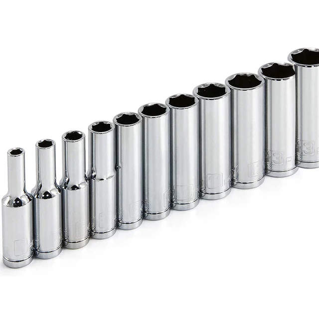 11-częściowy zestaw metrycznych długich nasadek chromowanych z napędem 1/4 cala, 6-punktowe głębokie nasadki od 4 mm do 14 mm, profesjonalna jakość