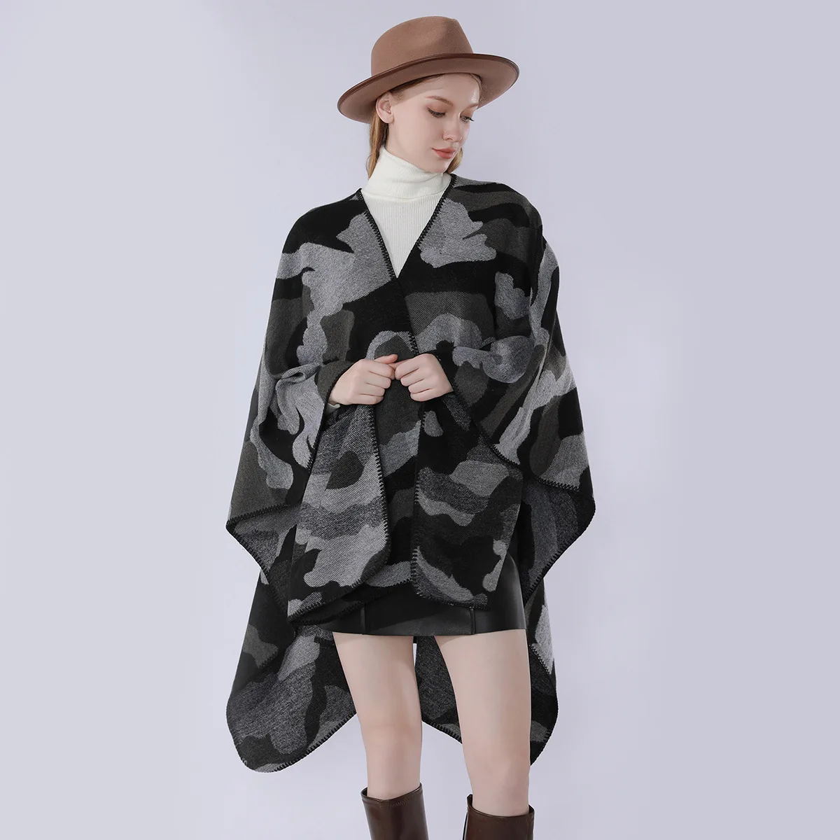 Fashion Black Grey Camouflage Acrylic Cashmere Cape Split Shawl Women Autumn Winter Casual Travel Outerwear Big Long Cloak