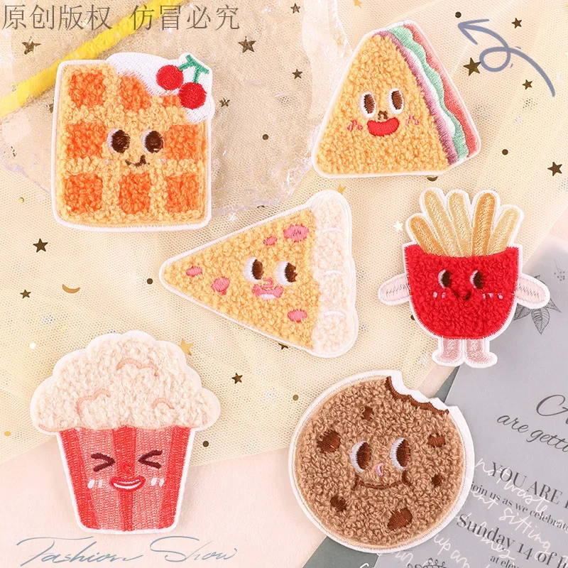 Towel embroidered French fries cookie Clothes Patch Clothing accessories Self-adhesive DIY pizza embroidery cloth patch