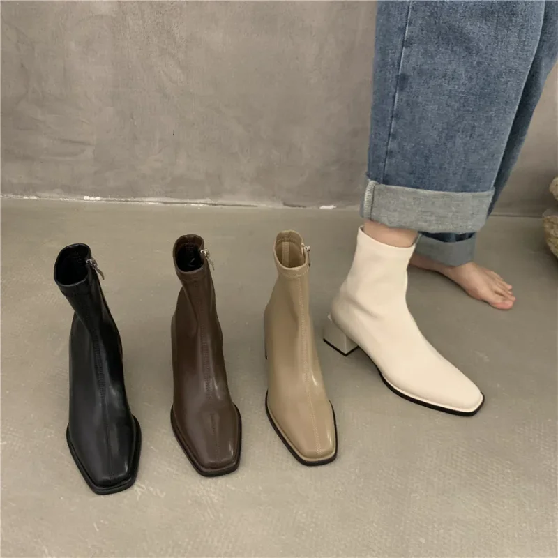 Square Toe Women Ankle Boots Flock Stretch Shoes Thin Mid Heels Black/Brown/Beige Back Zipper Dress Sock Boots Woman Size 35-40