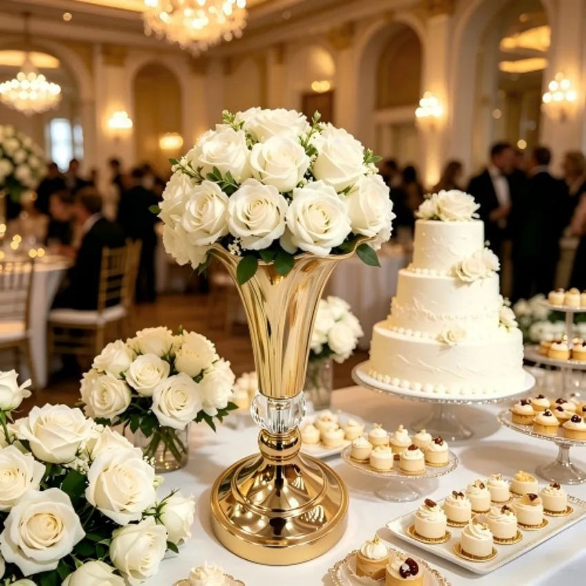 Wedding Centerpiece Gold Flower Vase Metal Trumpet Crystal Elegant Table Centerpiece Dining Table Event Party Decor
