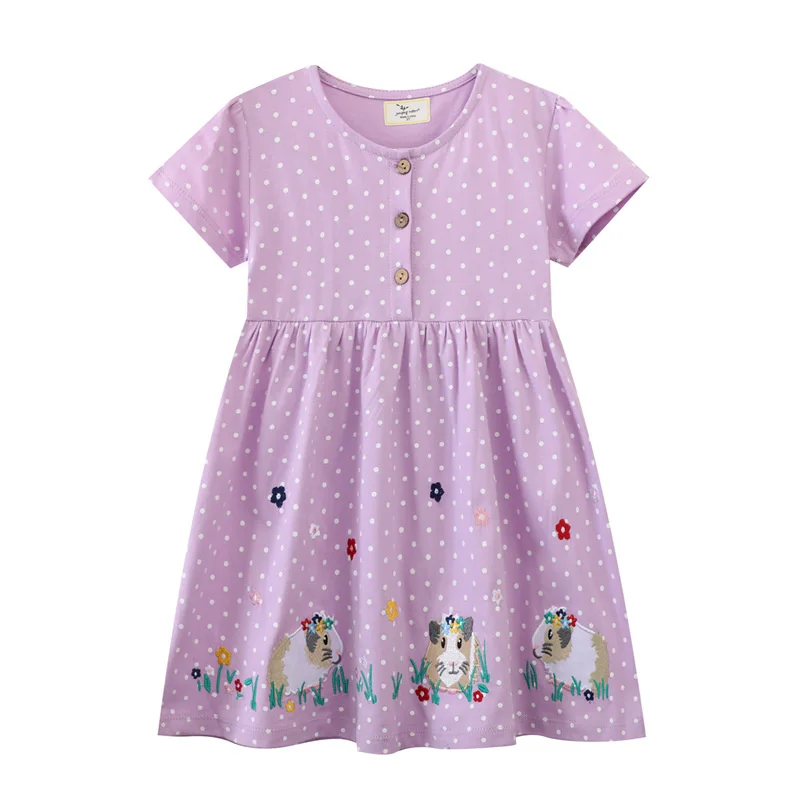 Jumping Meters 2-7T Summer Girls Dresses Birds Embroidery Short Sleeve Dots Party Children\'s Clothes Toddler Frocks Costume