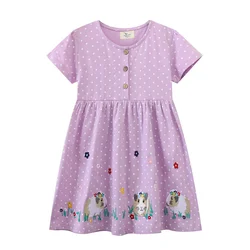 Vestidos de Verão para Meninas, Animais Bordados, Manga Curta, Dots Party Clothes, Toddler Frocks, Traje para Crianças, 2-7T